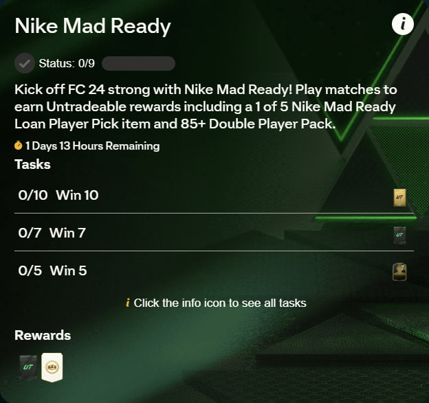 Tip for anyone getting EAFC24 tonight!! There is the 'Nike Mad Ready' Objective still available until Fri 6pm UK!  Find a friend, get into friendlies and get him to quit after you go 1-0 up, you can get this done within 30 mins!

Enzo Fernandez is the cheapest Nike player at 20k!
