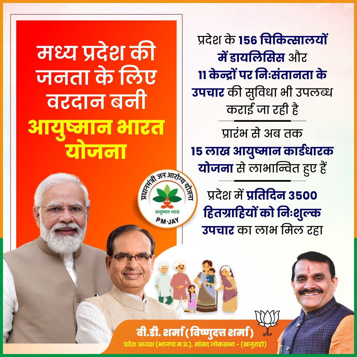 मध्य प्रदेश की जनता के लिए वरदान बनी "आयुष्मान भारत योजना"

प्रदेश के 156 चिकित्सालयों में डायलिसिस और 11 केन्द्रों पर निःसंतानता के उपचार की सुविधा भी उपलब्ध कराई जा रही है।

प्रारंभ से अब तक 15 लाख आयुष्मान कार्डधारक इस योजना से लाभान्वित हुए हैं।