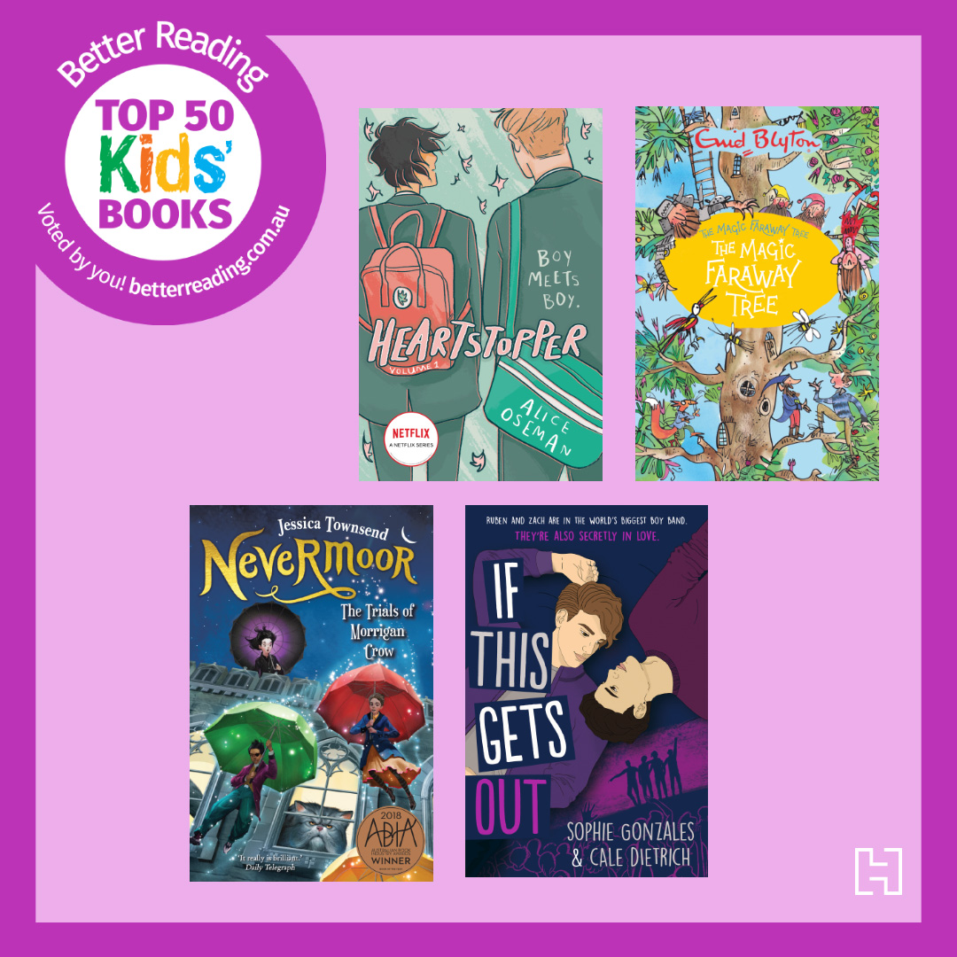 @betterreadingau's Top 50 Kids' Books has been announced and we're thrilled to see four of our books on the list! Congrats! 🎉 #Heartstopper - @AliceOseman #TheMagicFarawayTree - Enid Blyton #Nevermoor - Jessica Townsend #IfThisGetsOut - @sgonzalesauthor betterreading.com.au