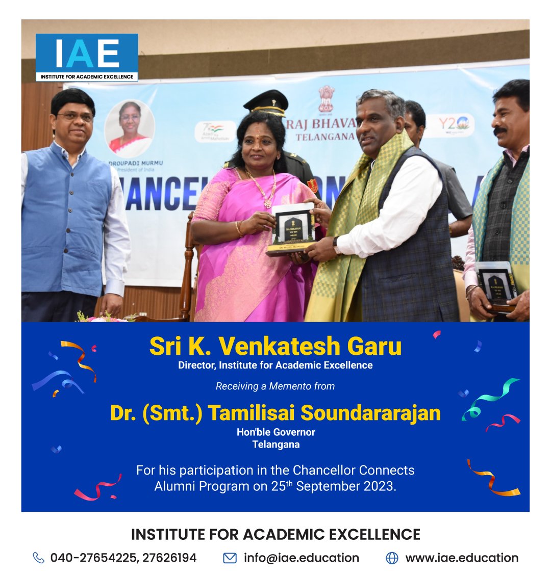 IAE_Education's tweet photo. Sri K. Venkatesh Garu, Director, Institute for Academic Excellence, receiving a memento from Dr. (Smt.) #Tamilisai Soundararajan, Hon'ble Governor, Telangana, for his participation in the Chancellor Connects #AlumniProgram on 25th Sep 2023.
#IAE #Institute #AcademicExcellence https://t.co/V2eYKaP1yi