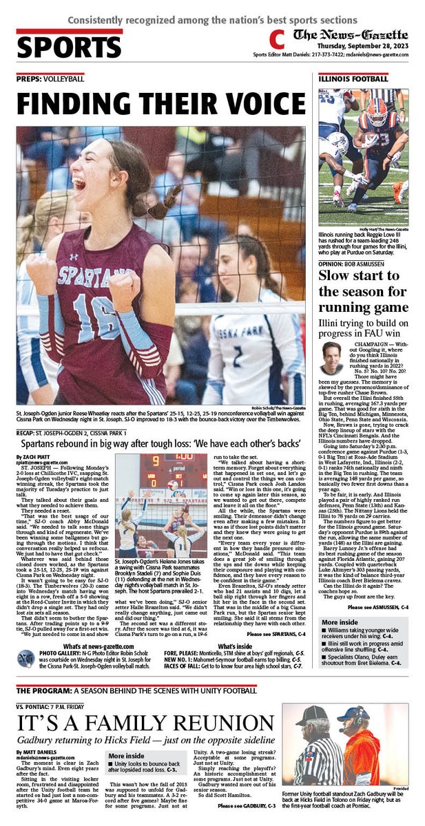 Thursday's N-G sports cover features @zachpiatt13 on @SJOVolleyball's win over Cissna Park, plus @BobAsmussen on #Illini football ahead of Big Ten game at Purdue and @mdaniels_NG on @UnityRockets graduate Zach Gadbury returning to Tolono — as Pontiac's coach. @APSE_sportmedia