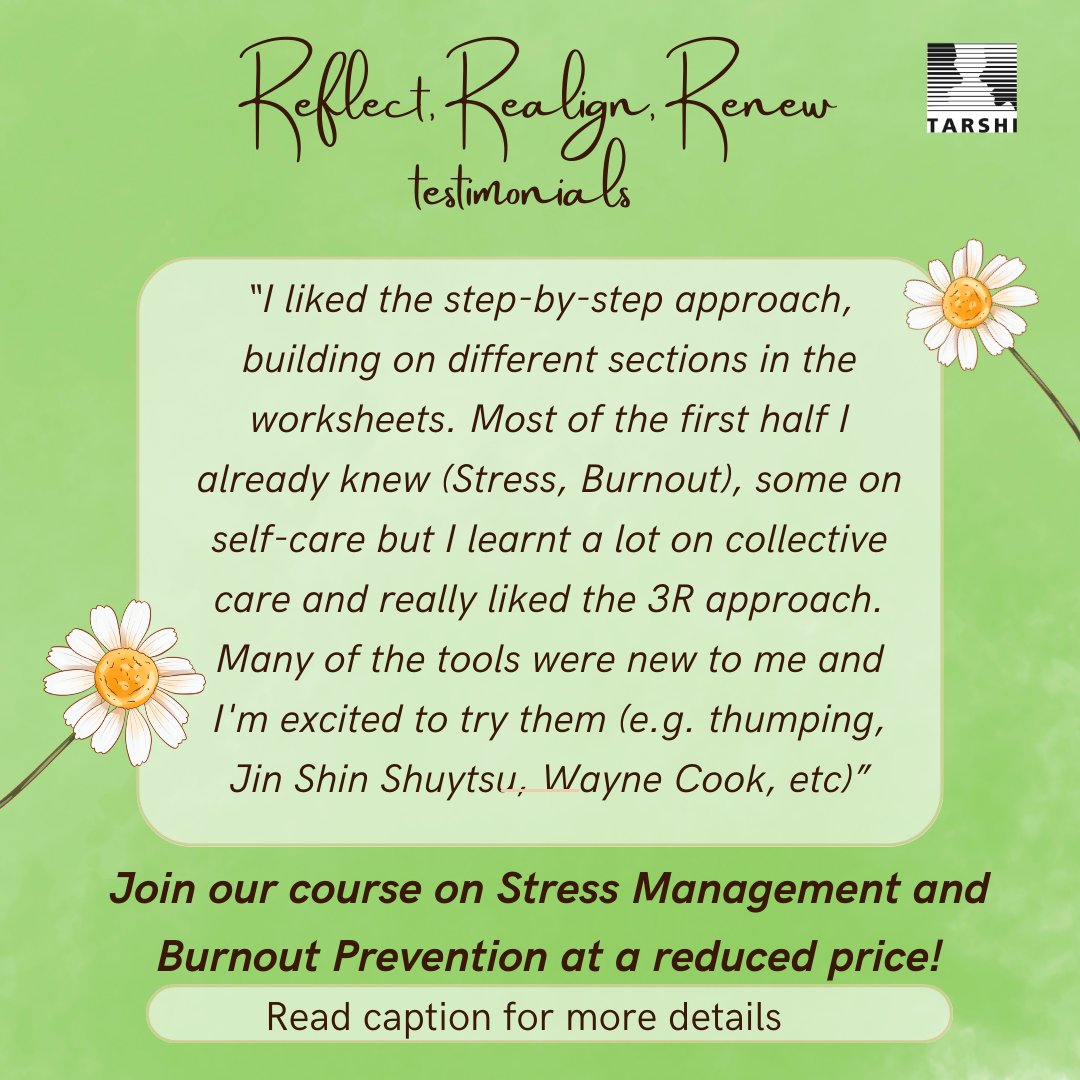 tarshingo's tweet photo. Last day to enroll with a reduced price for TARSHI’s online course on #StressManagement and #BurnoutPrevention

For learners in India: INR 3,333 (incl of taxes). Click here: https://t.co/knmoxcGla9 

For learners outside India: $50 (incl of taxes). Email us at mail@tarshi.net. https://t.co/DJ4KSpo9js