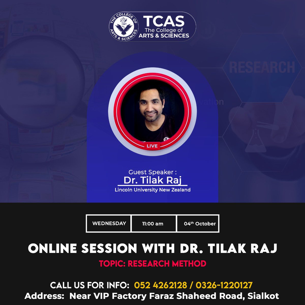 🌐💡 

Topic: Research Method
Time: Oct 4, 2023 11:00 AM Islamabad, Karachi, Tashkent

Join Zoom Meeting
us04web.zoom.us/j/73467851981?…

#tcas #TCAS #thecollegeofartsandscineces #tcassialkot #sialkot #sialkotcity #sialkotcantt #ResearchMethod #OnlineSession #KnowledgeSharing