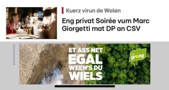 Den Zoufall huet dës Reklamm vun « Déi Gréng » ënnert dës News op RTL geschallt! Comme quoi, le hasard fait parfois bien les choses… 😅👍🏽🌻