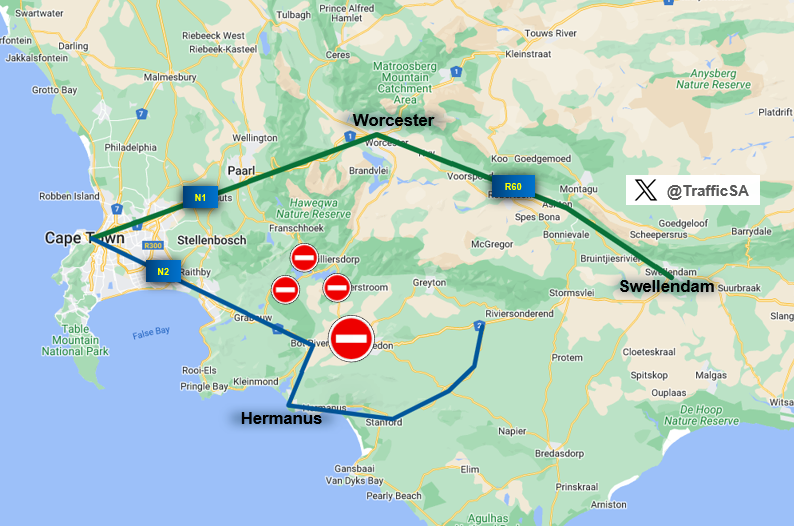 TrafficSA's tweet photo. Western Cape - Alternative route options between Cape Town and the Southern Cape area due to the closure of the N2 at #Botrivier https://t.co/6VNJb5nmq3
