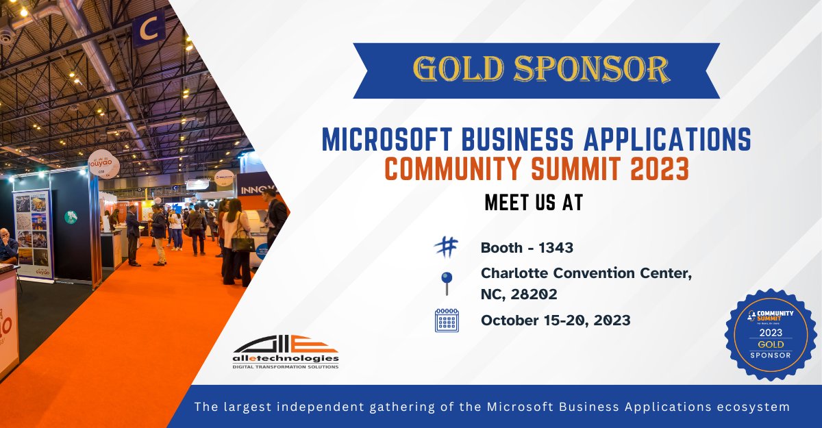 Alletec is the Gold Sponsor of the Microsoft Business Applications #CommunitySummit scheduled to be held in Charlotte, NC between October 15 to 20.

Meet Alletec at booth #1343 to discuss how we can bring value to #BizApps projects and #digitaltransformation initiatives.