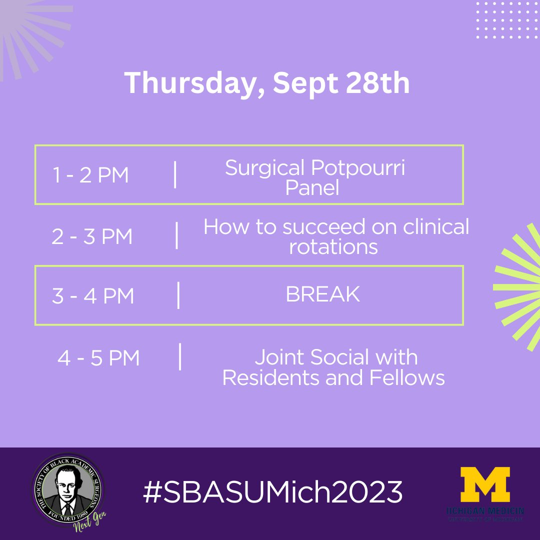 SocietyofBAS's tweet photo. Calling all med students here at #SBASUMich2023...WELCOME! Take a look at the AMAZING programming we have on deck for Day 1! Don't miss it and be sure to tag us and use the hashtag to share your experiences! All this brought to you by our AMAZING #SBASMedStudentCommittee!!!✊🏿✊🏿 https://t.co/9brv01mPwq