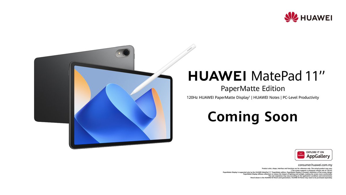 HuaweiMobileMY's tweet photo. Psst, guess what's coming soon? 🤫 Brace yourselves for the HUAWEI MatePad 11-inch PaperMatte Edition – an innovation like no other!
Stay tuned for the big reveal!
Find out more🔎: https://t.co/GslEJIfdTu
#HUAWEI #HUAWEIMatePad11 #HUAWEIPaperMatteEdition #PaperlessExperience https://t.co/lbk5EW0thO