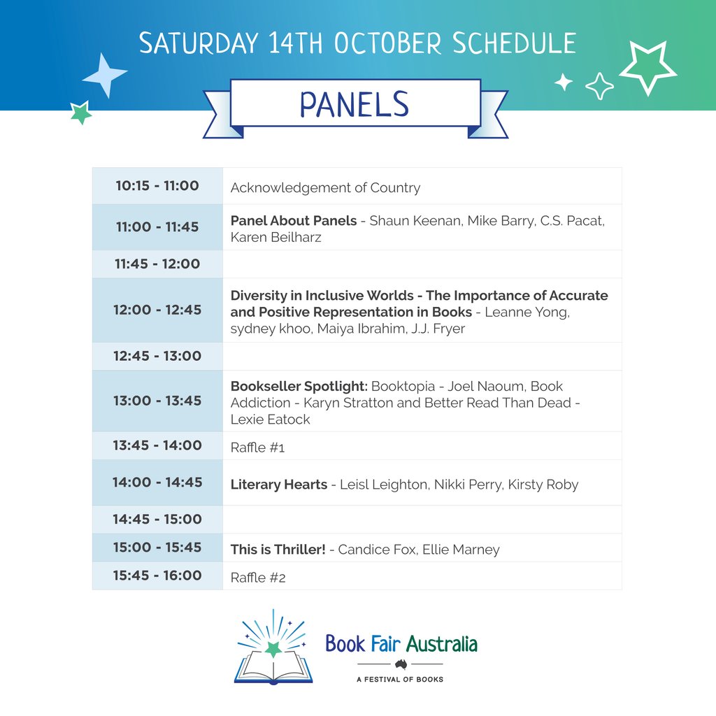 BookfairAus's tweet photo. Announcing the schedule of awesome panels running over Saturday and Sunday at #BookFairAustralia 2023. Which ones are you planning on seeing? https://t.co/snBTuUCQy7