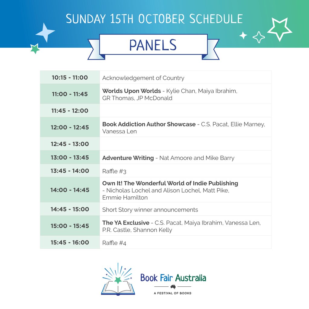 BookfairAus's tweet photo. Announcing the schedule of awesome panels running over Saturday and Sunday at #BookFairAustralia 2023. Which ones are you planning on seeing? https://t.co/snBTuUCQy7
