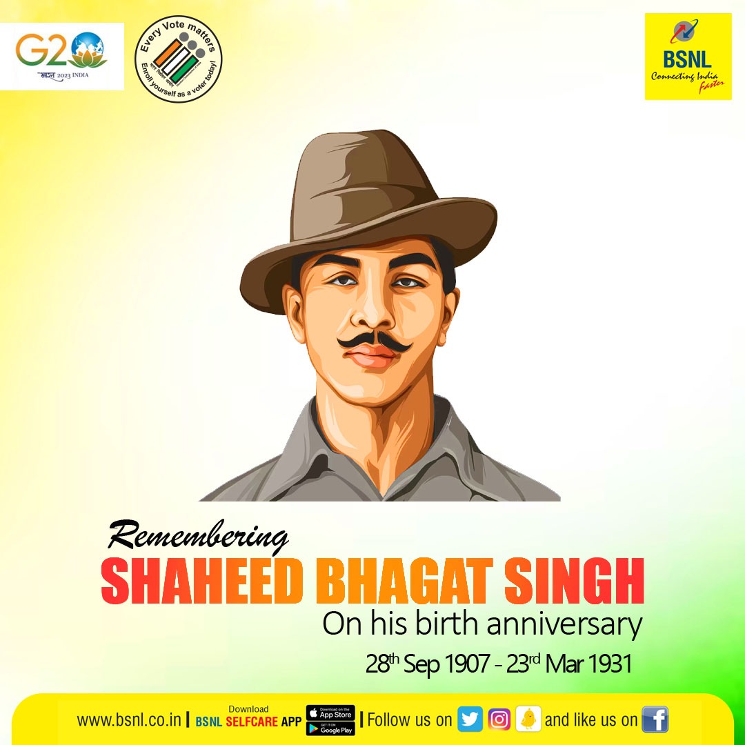 BSNLCorporate's tweet photo. Remembering #ShaheedBhagatSingh on his birth anniversary. His courage and sacrifice continue to inspire generations.
#BhagatSinghJayanti #BSNL #G20India https://t.co/d6hY7PyjTc