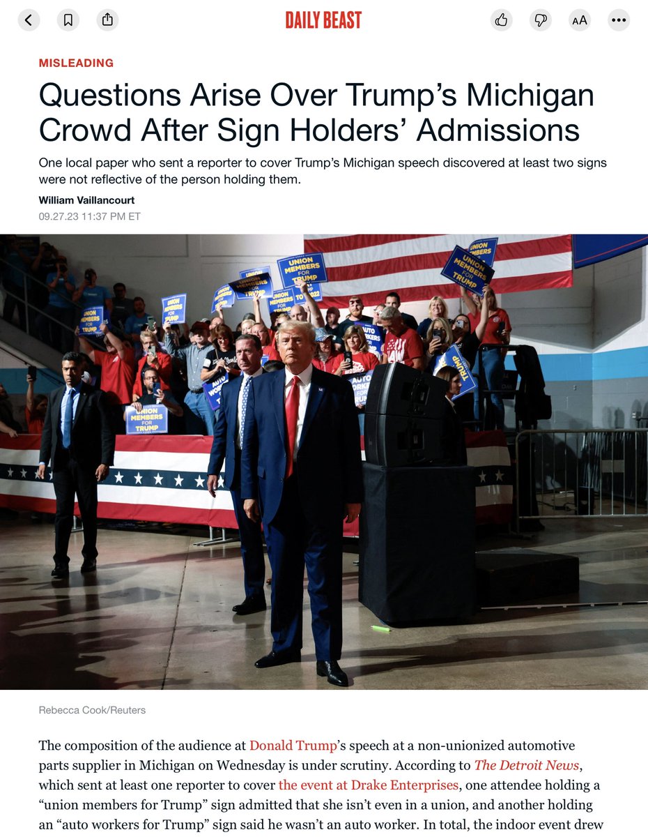axidentaliberal's tweet photo. To recap

Trump travels to Michigan so he can demonstrate his support for unions

By holding an event at a non-union manufacturing facility

Using non-union shills to hold signs that say “union members for Trump”

Trump the fraud strikes again https://t.co/kvqGro9wLV