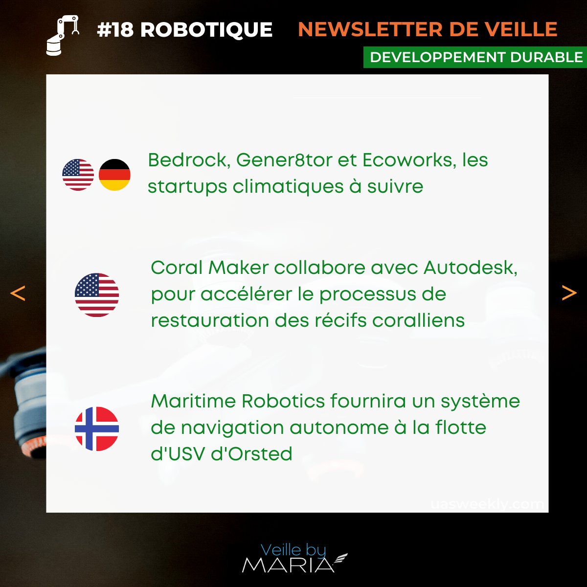 ConseilMaria's tweet photo. Cette semaine, la #veille by MARIA vous partage sa sélection d'actualités #deeptech et #développementdurable du secteur #robotique

Accédez gratuitement à la version intégrale de notre newsletter mensuelle 👉🏻 https://t.co/XCCv6GFoZI https://t.co/JbAvuy1rrH