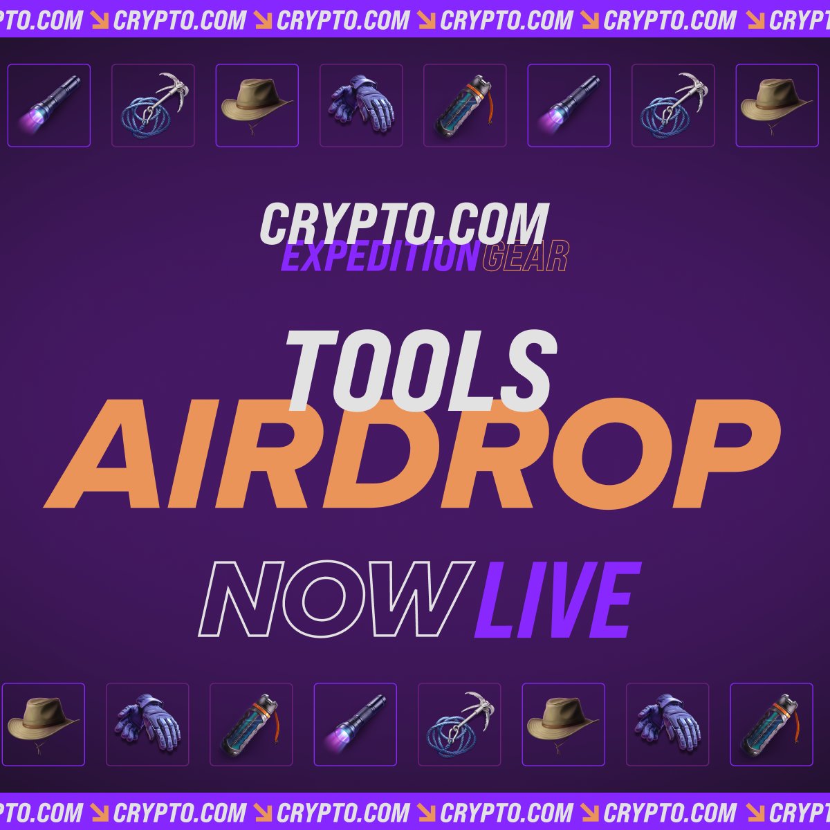 Expeditioners, the Core Tool Cache airdrop has begun 🪂

Your caches containing Core Tools NFTs from 'Crypto.com Expedition Gear: Tools of the Trade' will be in your Crypto.com NFT account within 24 hours!