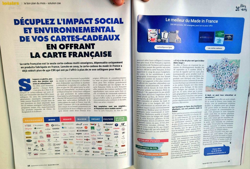 charleshuet21's tweet photo. 📰🇫🇷 Double page consacrée à La @cartefrancaise dans n° des 20 ans de #SocialCSE
💡Pour tous vos cadeaux, nous avons une alternative #MadeinFrance à vous proposer
▶️ Elus #CSE, c'est maintenant qu'ensemble nous pouvons #relocaliser Noël
🎄🎁💳♻️🏭🇫🇷
https://t.co/DHTLP8OZJH https://t.co/BoMHdDBWjb