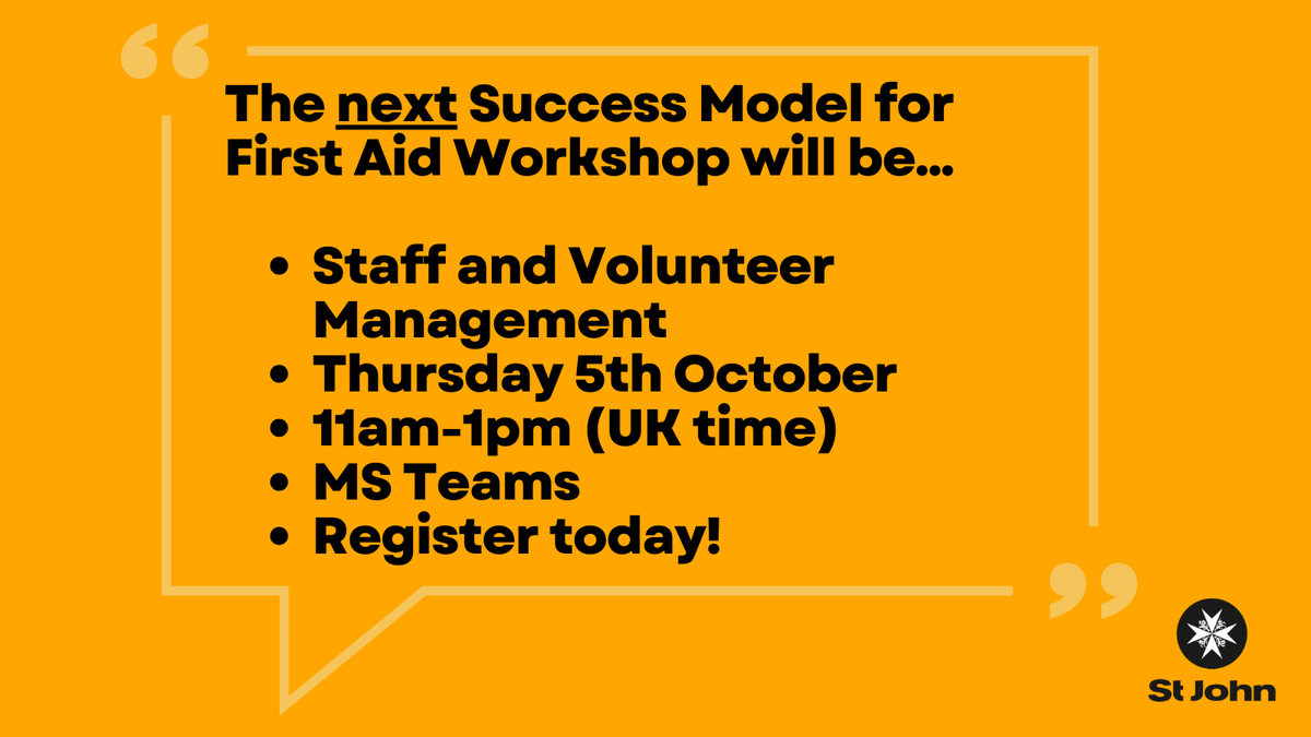 StJohnINTL's tweet photo. There is still time to join our workshop on Thursday 5th October 2023, and help St John be a leader in first aid.
Register now: https://t.co/aJVz4YDN56
#OneStJohn #FirstAid #SuccessModel https://t.co/JnSOeQHO56