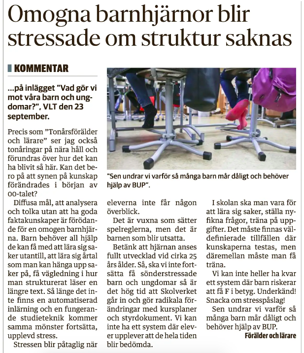 JohanssonSofi's tweet photo. Håller med insändaren i VLT! "Diffusa mål, att analysera och tolka utan att ha goda faktakunskaper är förödande för en omogen barnhjärna" Tillbaka till en god, lärarledd undervisning som @FMannerheim står upp för. https://t.co/2xYdBXfUln