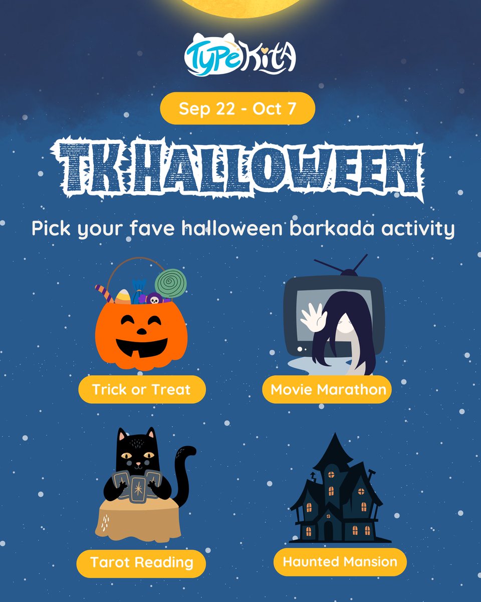TypeKitaPH's tweet photo. 📖🎃 Get ready to spookify your life and JOIN #TKHalloween NOW! 🎃📖

Dare to be scared? JOIN US NOW, if you have the guts 👻! Click here: https://t.co/Tbl5kCqbbO

Hurry! The contest runs from September 22 to October 7! Don't let the ghouls beat you to it! 🎃👻📚 #TypeKitaPH https://t.co/r2chr2WpD4