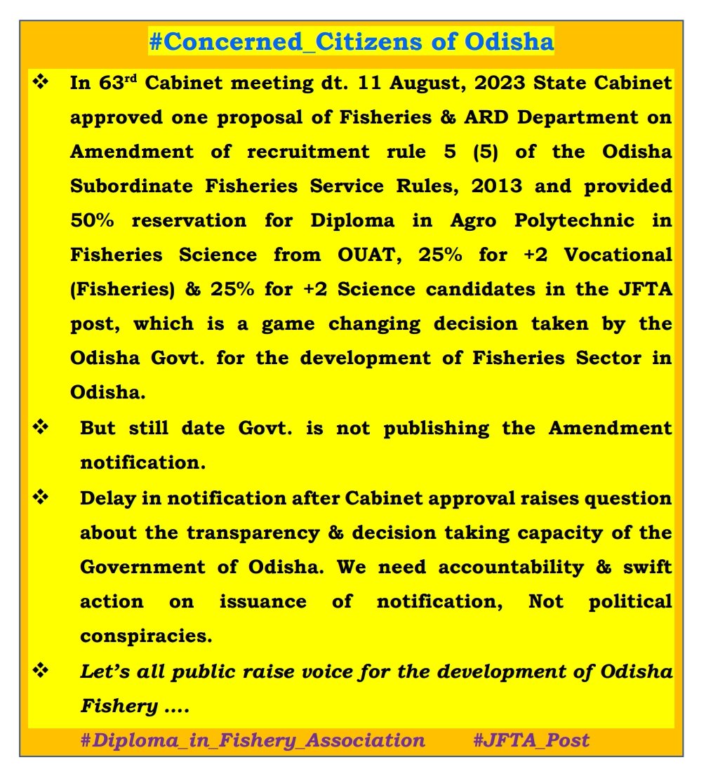 DebaprasadRath5's tweet photo. #Concerned_citizens of Odisha
In Aug11 cabinet approved Amendment of Odisha Subordinate Fisheries Service Rules, 2013 but still Govt. is not publishing the notification,which raises questions about transparency &Decesion taking capacity. #JFTA
@CMO_Odisha @rajaaswain @SecyChief https://t.co/Y62L5eWyfG