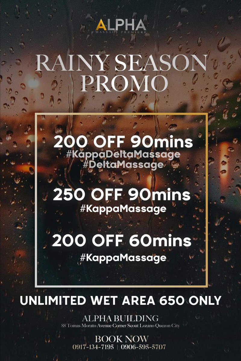 massage_alpha's tweet photo. REPOST TO AVAIL RAINY SEASON PROMO BELOW!!!

Come &amp; visit us today and get as much as 250pesos savings! 🤑

Instead of paying 800 for all access unlimited use of wet arena pay for 650 only!!!

We're giving you more reasons to come!!!

OPEN TIL 1AM! Walk-ins are welcome ♥️ https://t.co/RfwGsUBPwS