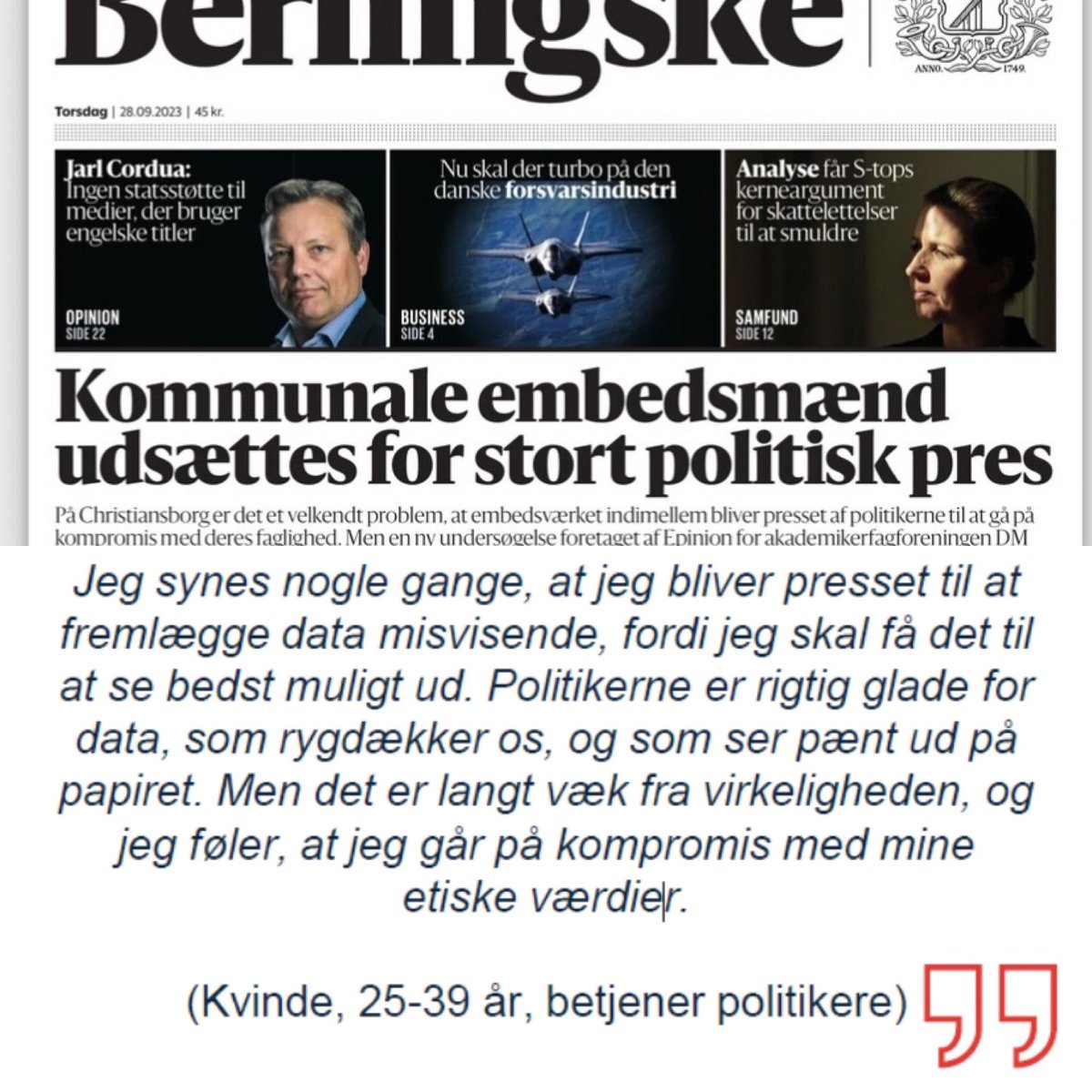 Mette Fjord Sørensen (@fjordmfs) on Twitter photo I en ny undersøgelse fra <a href="/DMfagforening/">DM - fagforening</a> viser, at hver fjerde har oplevet politisk pres og 17 pct har ændret en faglig vurdering pga oplevet politisk pres. Det er som <a href="/DMCamilla/">Camilla Gregersen</a> siger i avisen, mildest talt uhensigtsmæssig. #dkpol I en ny undersøgelse fra <a href="/DMfagforening/">DM - fagforening</a> viser, at hver fjerde har oplevet politisk pres og 17 pct har ændret en faglig vurdering pga oplevet politisk pres. Det er som <a href="/DMCamilla/">Camilla Gregersen</a> siger i avisen, mildest talt uhensigtsmæssig. #dkpol