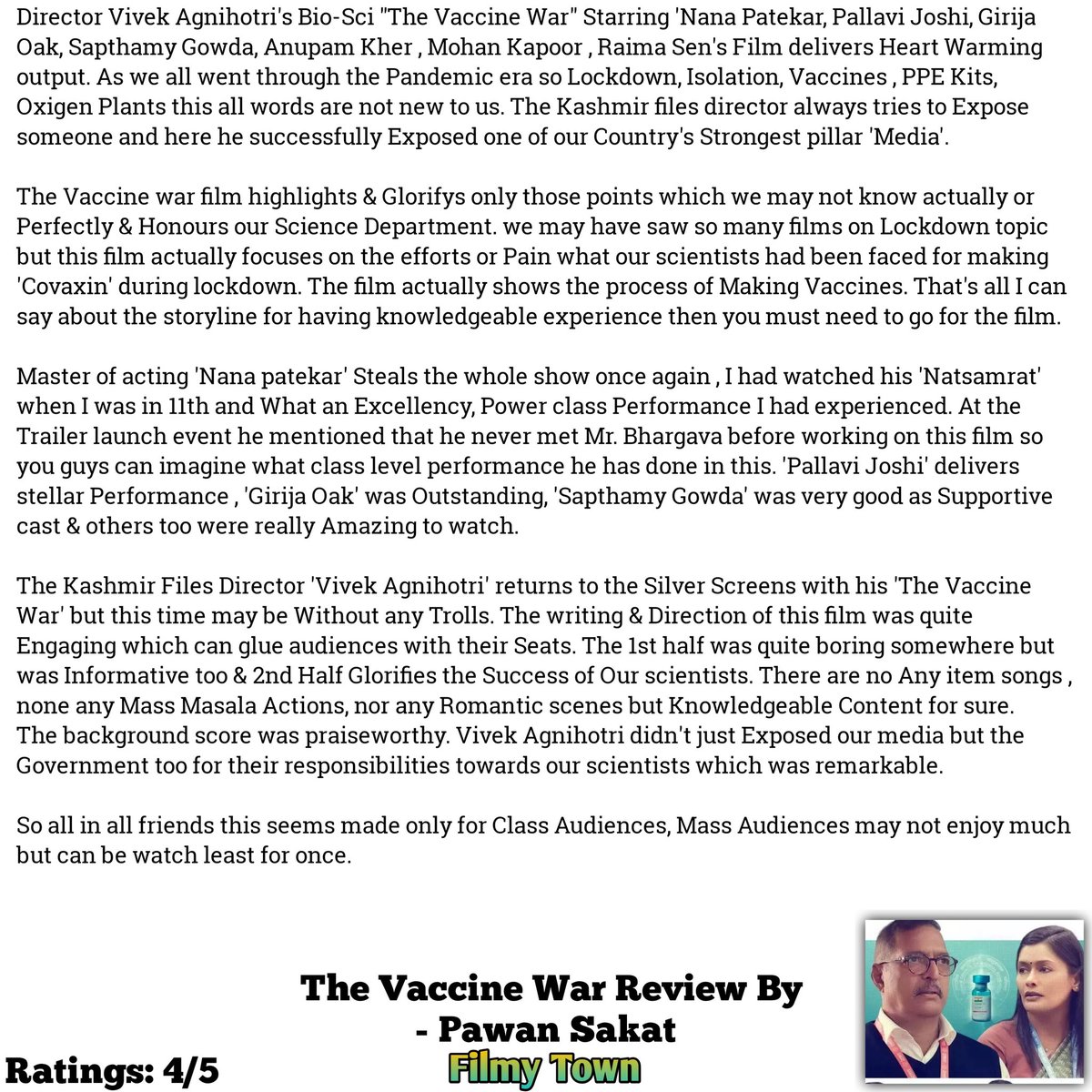 #TheVaccineWar Movie Review By @Pwnsakat 

Ratings : 4/5

@nanagpatekar @vivekagnihotri

#NanaPatekar #Pallavijoshi #VivekAgnihotri #GirijaOak #RaimaSen