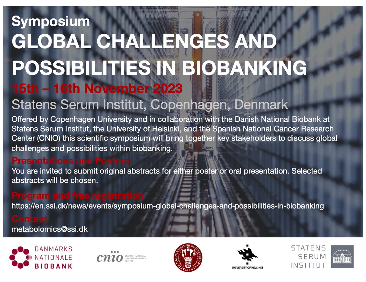 Madeleine Ernst (@ernst_madeleine) on Twitter photo Registration for our Symposium on Global Challenges and Possibilities in Biobanking, Nov 15th-16th <a href="/SSI_dk/">Statens Serum Institut</a> is now open! Check out the great line-up of speakers!
en.ssi.dk/-/media/arkiv/…
Sign up now and secure your spot 👇👇👇👇👇👇
en.ssi.dk/news/events/sy… Registration for our Symposium on Global Challenges and Possibilities in Biobanking, Nov 15th-16th <a href="/SSI_dk/">Statens Serum Institut</a> is now open! Check out the great line-up of speakers!
en.ssi.dk/-/media/arkiv/…
Sign up now and secure your spot 👇👇👇👇👇👇
en.ssi.dk/news/events/sy…