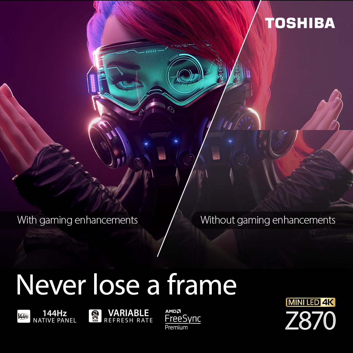 ToshibaTVGlobal's tweet photo. Say goodbye to interrupted gaming with the #ToshibaTV Z870.
Knowing that for you, the gamer, every second counts, the AMD FreeSync Premium, VR Compatibility, and 144Hz refresh rate keep your action sequences tear-free and stutter-free to augment #MakingSoundVisible.
#audio https://t.co/CCXcjlFer6