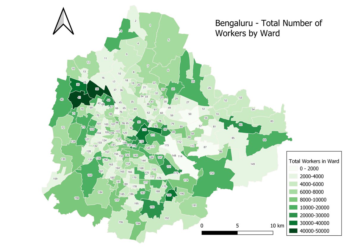 Map of Bengaluru by workers in each ward. From #OpenCity.

The western parts like Peenya have massive work force. Central & southern ones too.

But they don't crib or outrage.

95% of the SM cribbing comes from Ward 150, Bellandur, which has maybe 5 - 10% of the city's workforce!