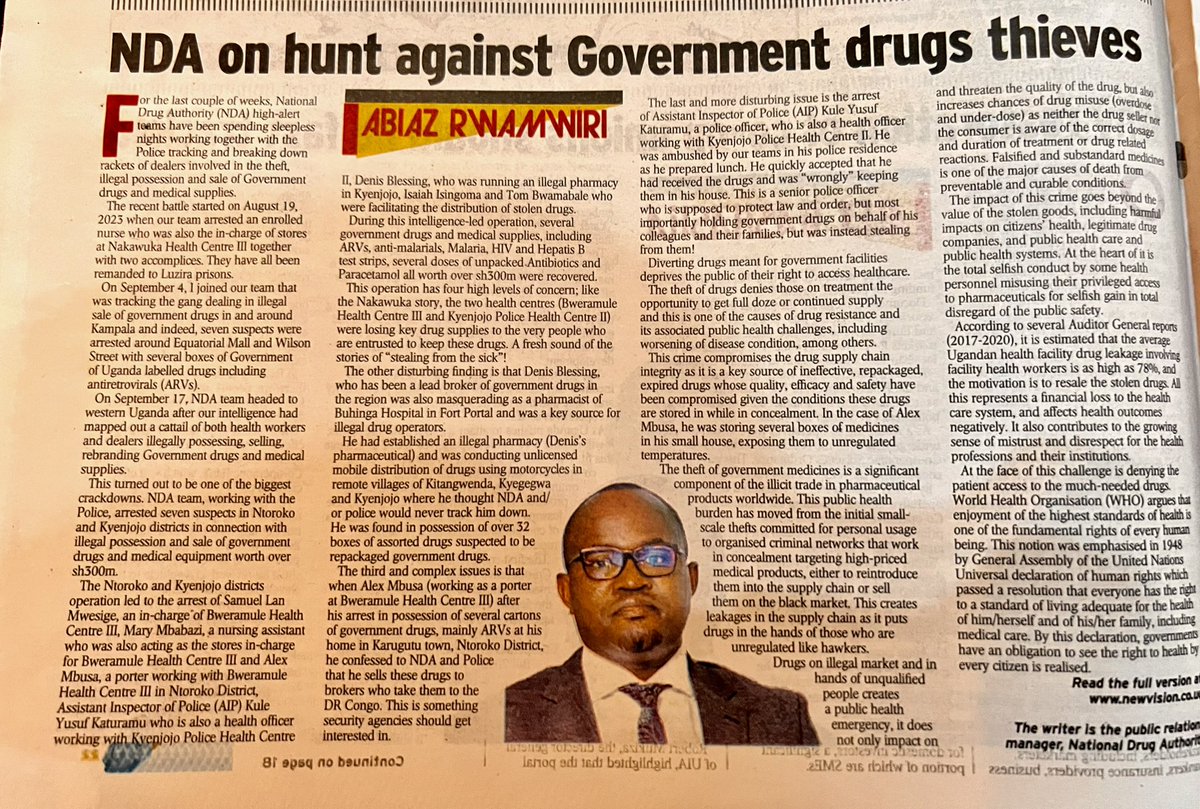 In today’s @newvisionwire, our PR Manager @AbiazRwamwiri details our sustained efforts to crack down rackets involved in stealing and selling Government of Uganda drugs and medical supplies. We are empowering the public to be our ears and eyes on ground as we work work @PoliceUg
