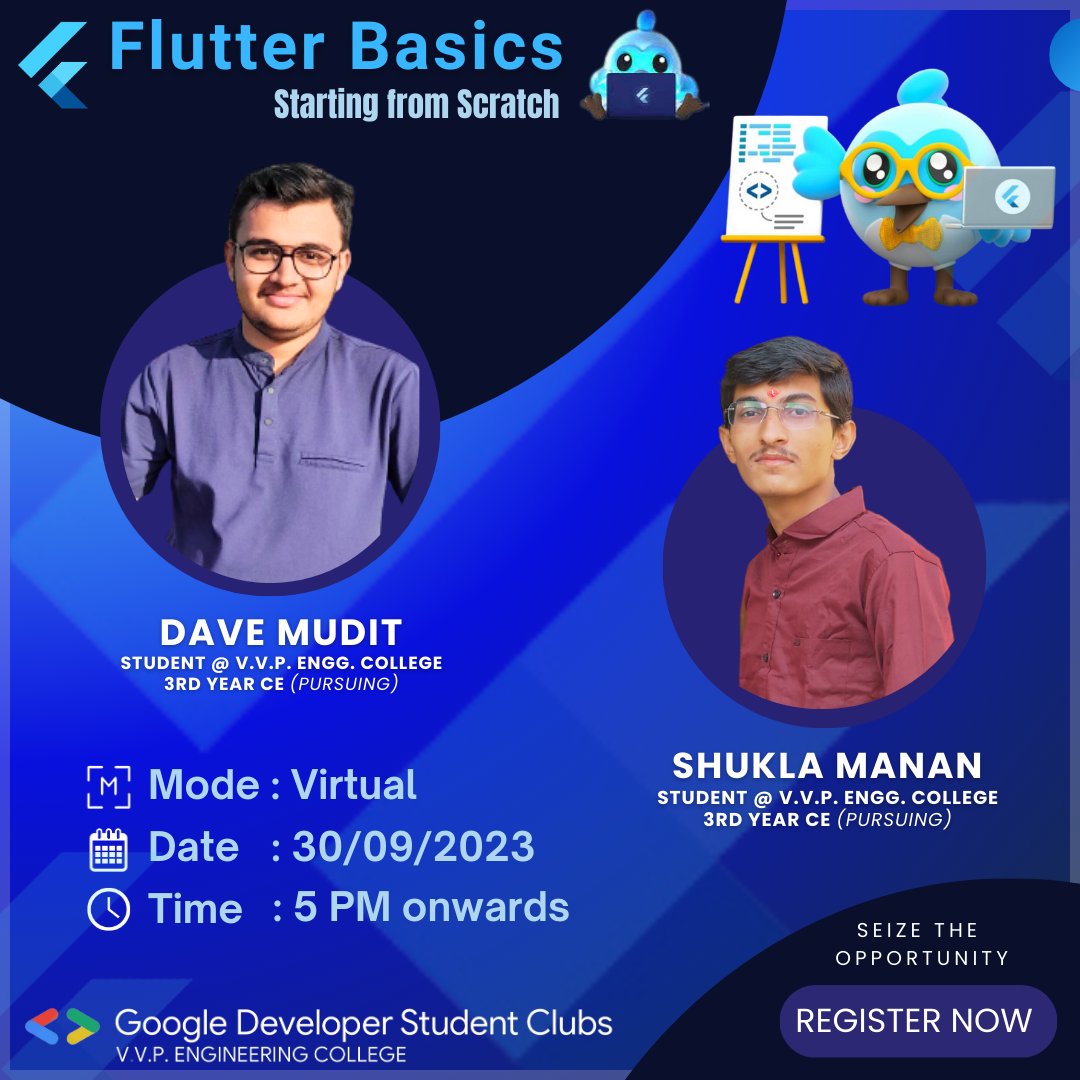 gdg_vvp's tweet image. 🚀 Level up your coding skills with GDSC Club! Join us for an exciting Flutter Basics event!!! Get ready to flutter away with creativity! 📱
RSVP link :
gdsc.community.dev/events/details…
#GDSC #gdscvvp #FlutterBasics #CodingJourney