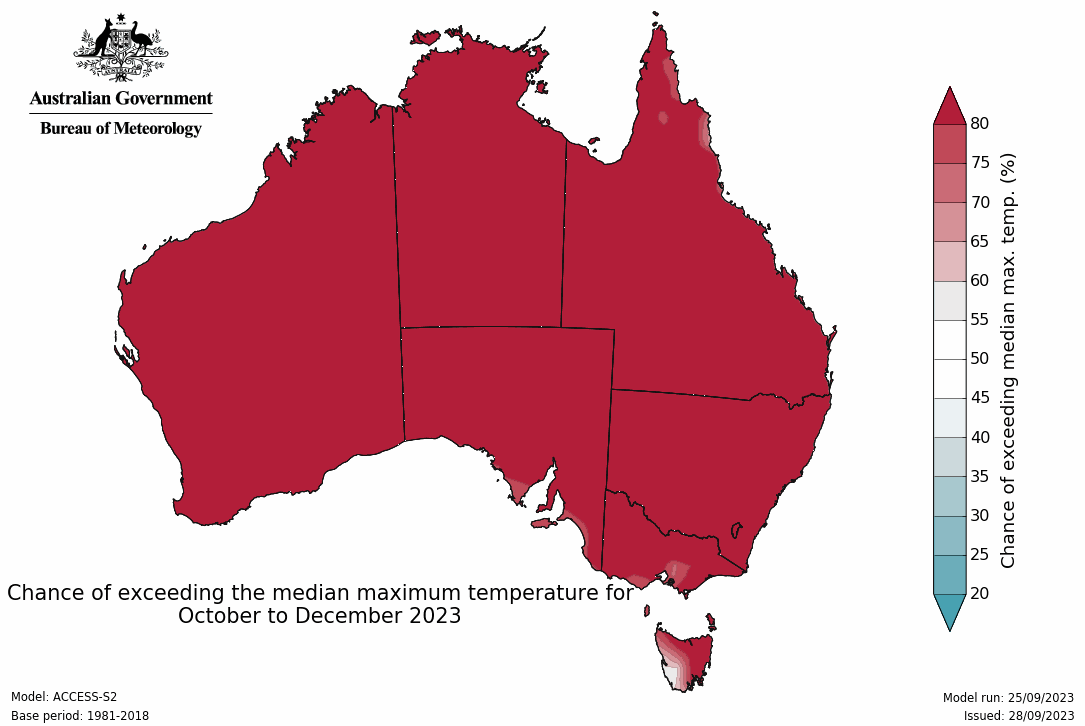 Bureau of Meteorology Outlooks for the next 3 months. Red is hot, brown is dry.

And it will keep getting redder and browner the more coal and gas we burn.

Yet Australia has 100+ major new coal and gas projects under development..

bom.gov.au/climate/outloo…