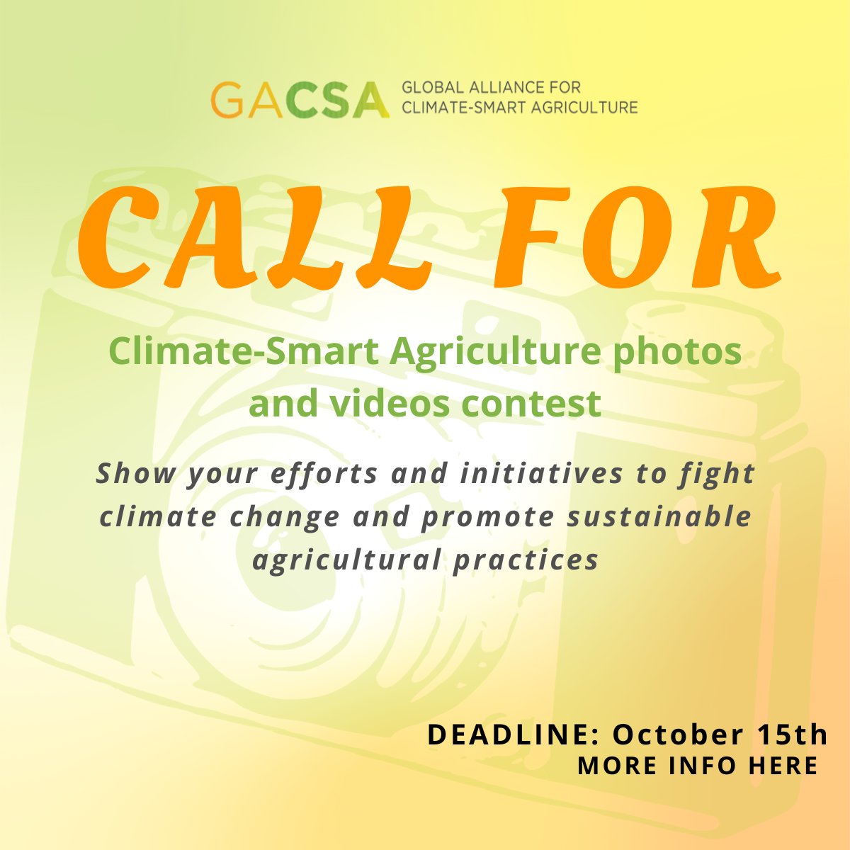 📢 CALL FOR CLIMATE-SMART AGRICULTURE PHOTOS AND VIDEOS CONTEST We are excited to announce our Call for CSA photos and videos Contest to be presented and showcased in GACSA photos exhibition at international conferences! More info: fao.org/fileadmin/user…