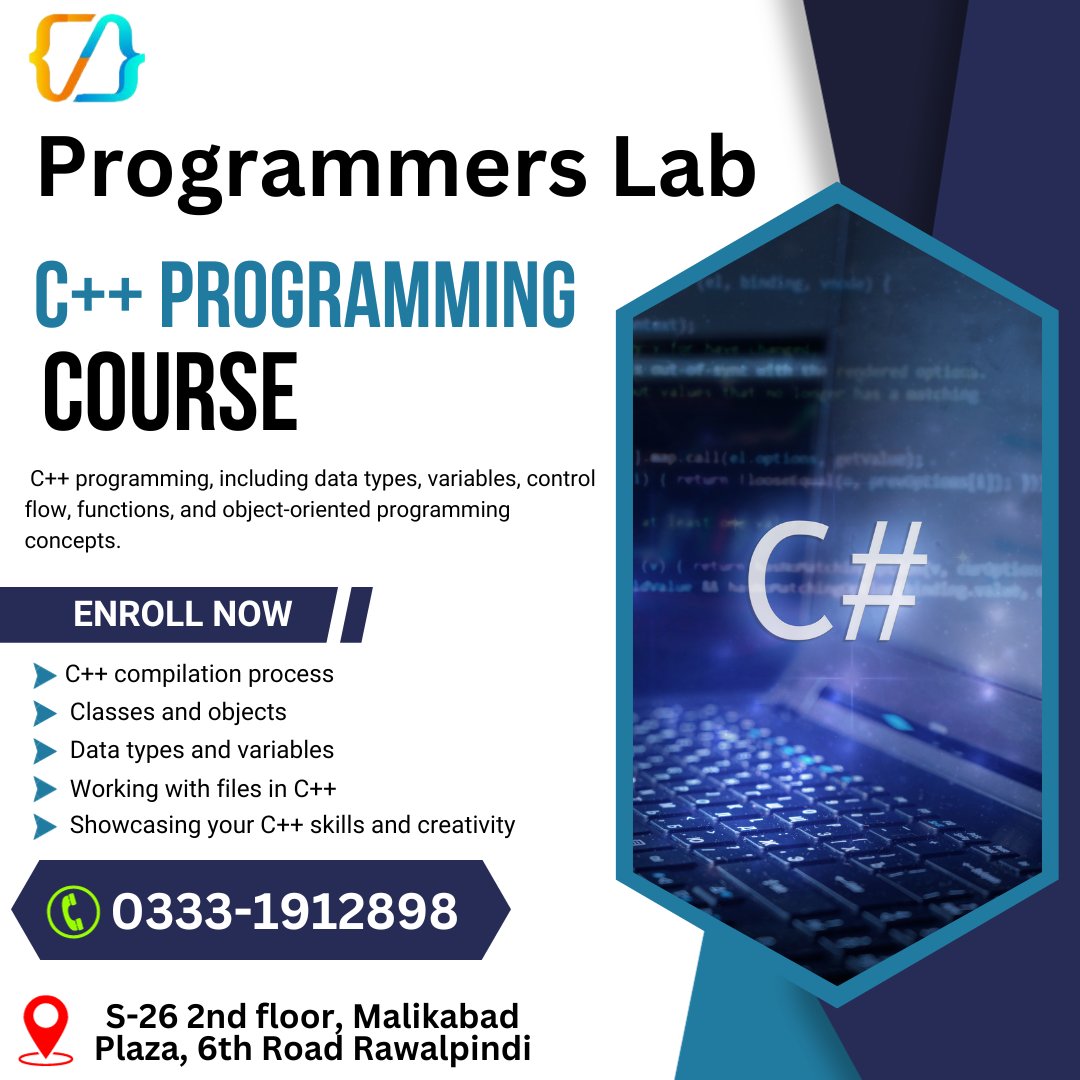 progra39834's tweet image. Best C++ programming Language Course in Islamabad
#cpluspluscourse #cLanguagecourse #Rawalpindi #courses 
phone 0333-1912898
Located in: Malikabad Shopping Mall
programmerslabs.com/best-institute…