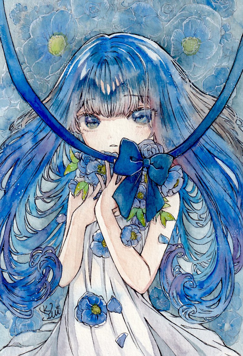 1girl flower solo blue hair blue flower blue eyes dress  illustration images