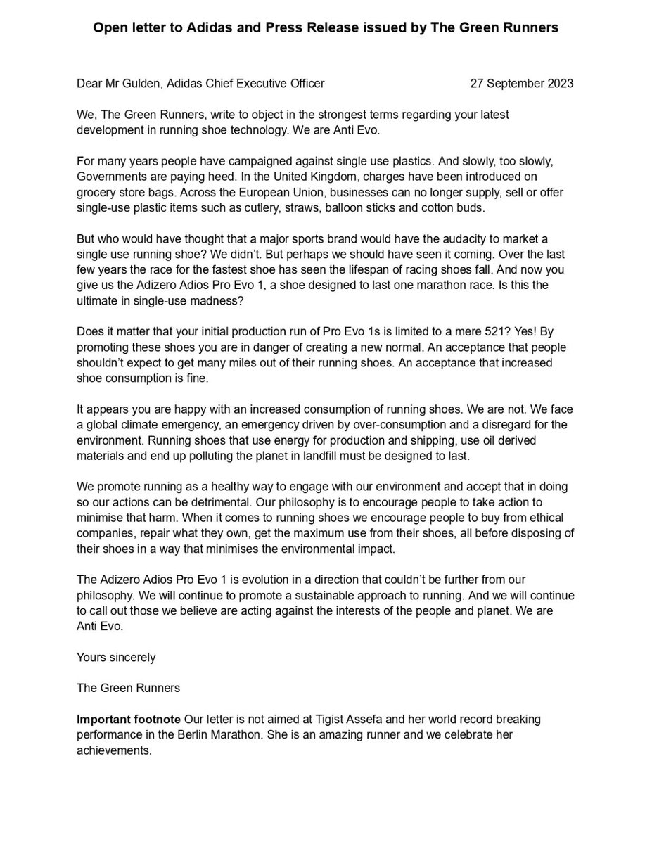 No doubt you’ve read about @adidas’ new running shoe, the Adizero Adios Pro Evo 1. Well we’ve adinuf of their disregard for the environment, people & planet. There’s no place for a single use shoe. We are #AntiEvo & we’ve sent them this letter. Let them know you’ve #adinuf