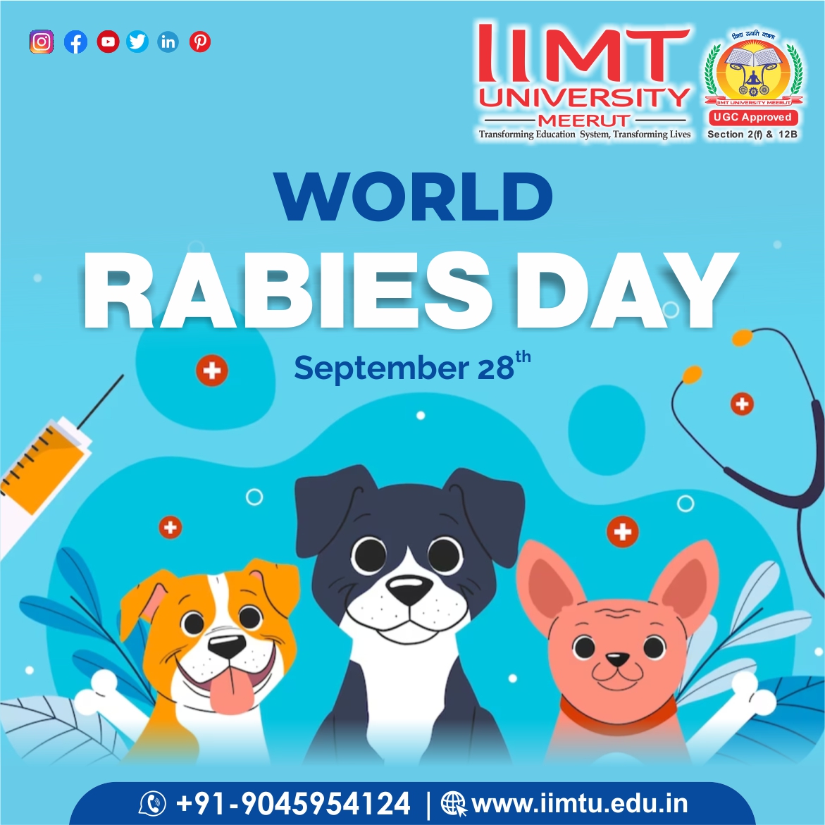 IIMT_U's tweet image. A small step toward rabies prevention can make a big difference. Let's educate everyone to get their dogs vaccinated to protect the world from rabies. Happy World Rabies Day! 

#WorldRabiesDay #smallstepstobigchange #Rabies 

🌐 iimtu.edu.in | 📱 +91-9045954124

#IIMTU