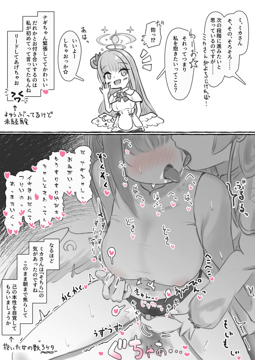 ナギミカ初夜、どうせ初めてでしょ>ワ<とミカさんは舐めてかかるけど実はナギちゃん帝王学の一環でトリ女生抱きまくってるから純なのにテクだけ磨かれてて、ミカさんよわよわ甘マゾだから絶妙なフェザータッチで愛でられただけで勝手に浅イキしてマゾバレした結果一晩で上下関係格付けされてほしい 