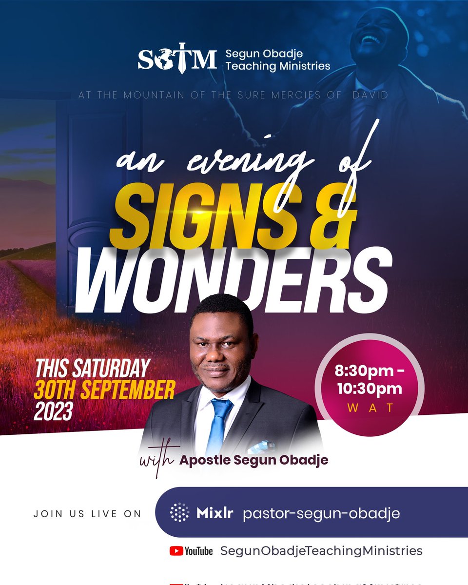 PstSegunObadje's tweet photo. It is with great joy that I invite you for the September edition of An Evening of Signs and Wonders. To the glory of God, we have recorded awesome testimonies and a mighty outpouring of God's blessings upon us on this mountain and we're in for something massive this weekend. https://t.co/ePV3wuQlzt
