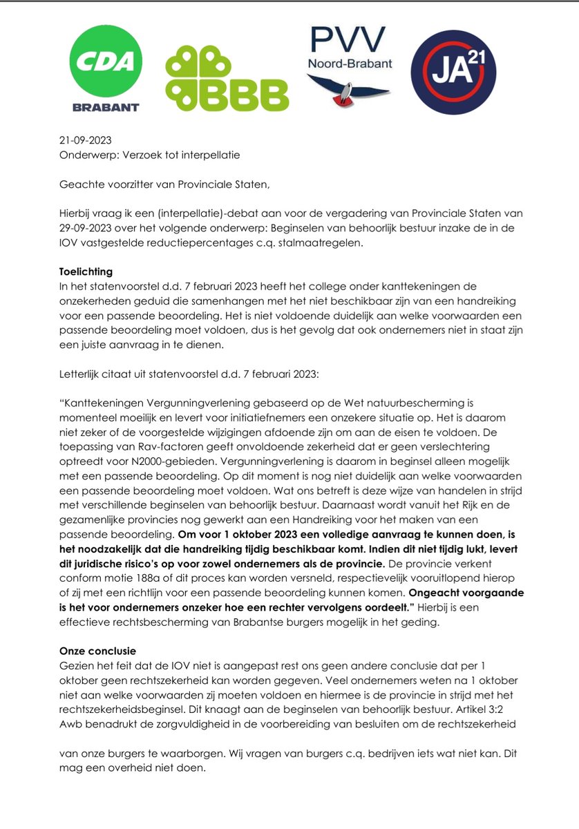 Ongekend. Het #stallendeadline dossier. Het onmogelijke wordt gevraagd door  #gedeputeerdestaten van <a href="/Brabant/">Provincie Noord-Brabant</a>. Daarom onderstaand verzoek voor #interpellatiedebat. #boeren #zorgvuldugheidsbeginsel #hetkanniet #CDA