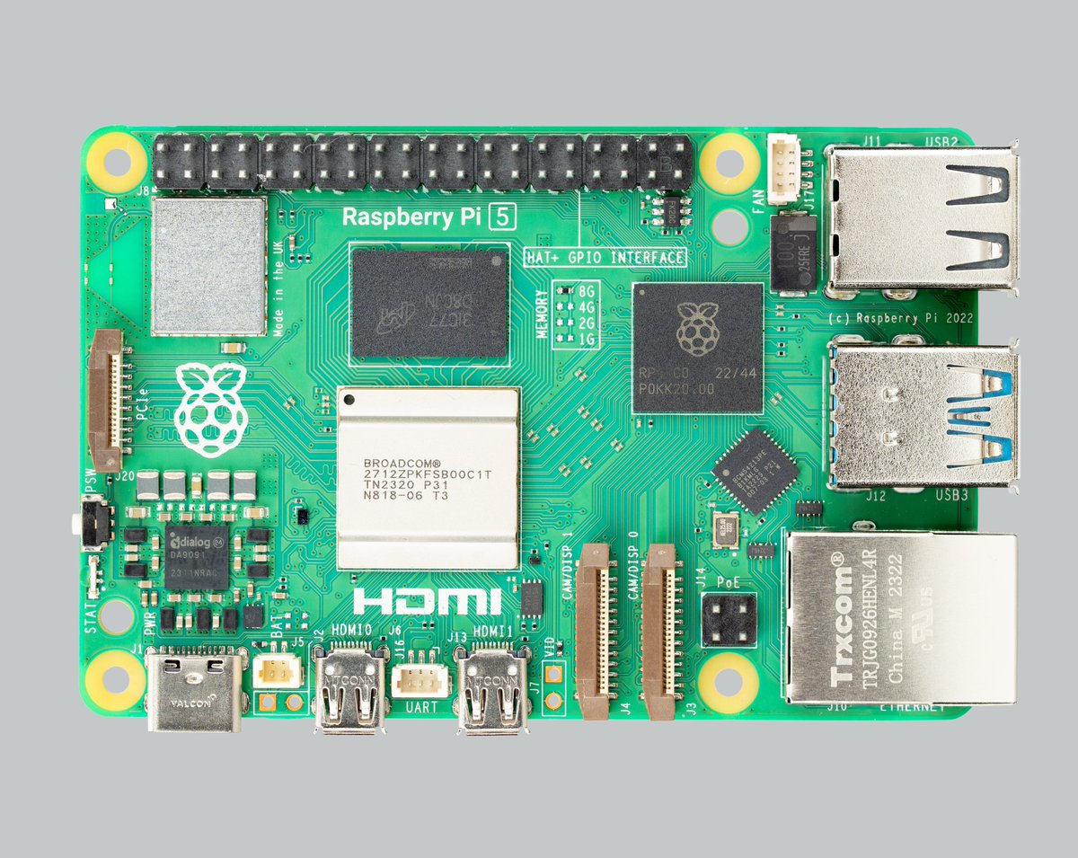 Good morning, and say 'Hello!' to Raspberry Pi 5! The #Pi5 is ×2–3 faster, has PCIe support, a new RTC, and our own silicon designed in‑house here in Cambridge The everything computer. Optimised, raspberrypi.com/5. More at raspberrypi.com/news/introduci…. #RaspberryPi #RaspberryPi5
