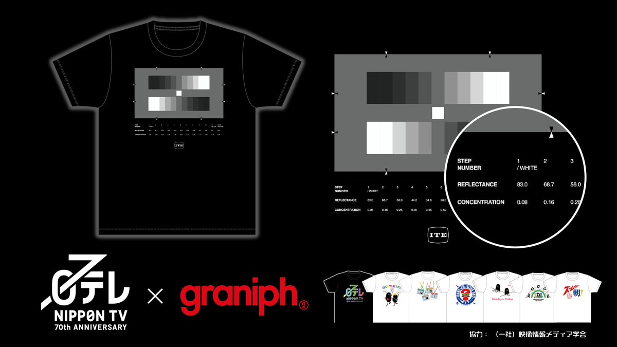 テレビカメラ等の色調整に使う『グレースケールチャート』デザインのTシャツを発売しました！！開局70年を記念し、グラニフさんとコラボした特別アイテム。規格を策定した映像情報メディア学会（ITE）さん公認です！  購入はリプ欄から↓ #graniph @graniph_updates
