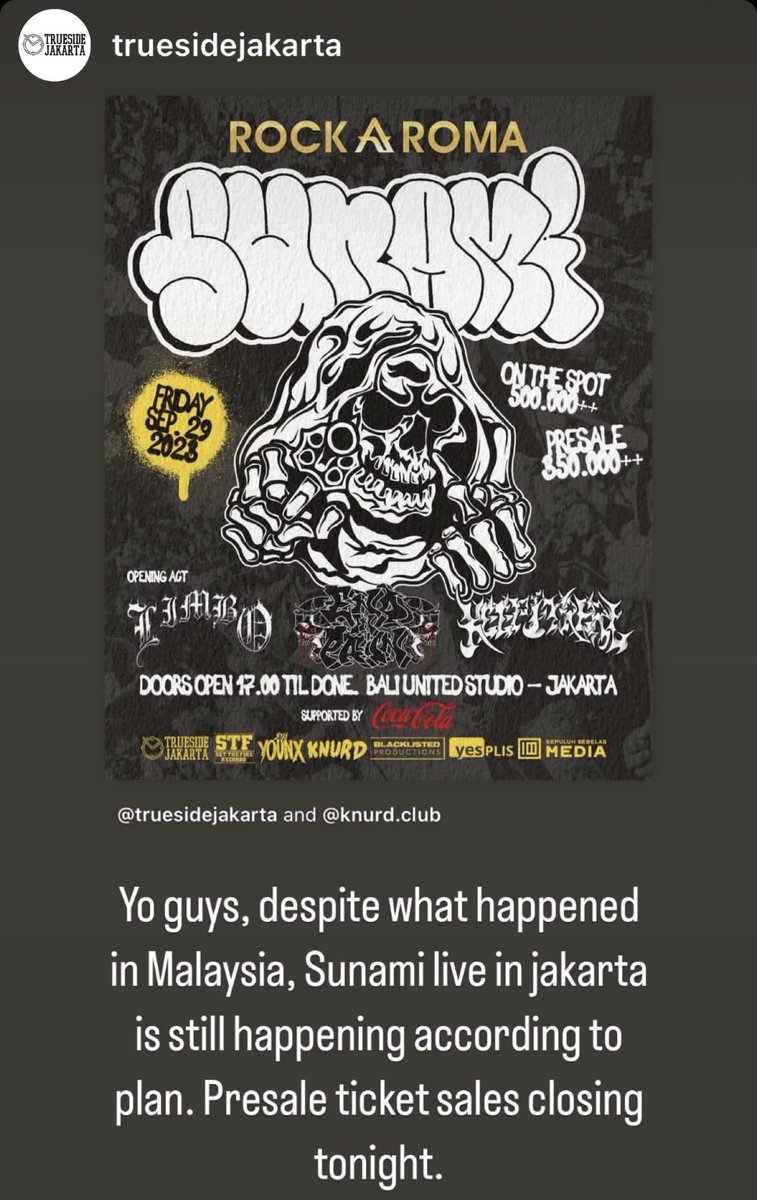 Jakarta show is still moving forward, presale tickets end tonight <a href="/TRUESIDEJAKARTA/">TRUESIDE JAKARTA</a>