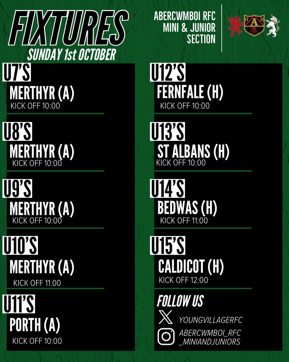Sunday’s fixtures 

7’s-10’s all away to <a href="/MRFC_MINIJUNIOR/">MerthyrRFC_M&J🏉</a> 

11’s travel to <a href="/porthquinsrfc/">Porth Harlequins RFC</a> 

12’s welcome <a href="/FerndaleRugby/">Ferndale Rugby</a> 

13’s host St Albans RFC

14’s home to <a href="/BedwasRFCMini/">Bedwas RFC Mini & Juniors</a> 

15’s home to <a href="/CaldicotRFC/">Caldicot Rugby</a> 

Good luck to all age groups &amp; enjoy
🟢⚪️⚫️
#Youngvillage