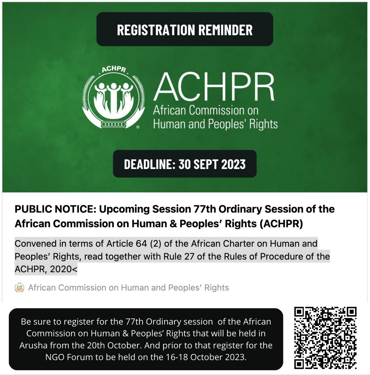 The African Commission on Human & Peoples’ Rights (ACHPR) is set to host their 77th Ordinary Session!

📌 WHERE: Arusha, Tanzania
📅 WHEN: 20 October – 9 November 2023

Calling stakeholders & the public to be informed & engaged!

#ACHPR77 #HumanRights #AfricanCommission