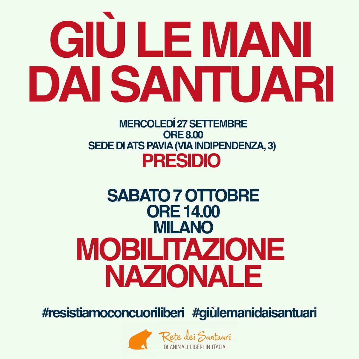 In seguito alla strage avvenuta presso il rifugio Progetto Cuori Liberi protestiamo contro gli esecutori materiali delle condanne a morte.
Ci vediamo 𝐒𝐀𝐁𝐀𝐓𝐎 𝟕 𝐎𝐓𝐓𝐎𝐁𝐑𝐄 𝐨𝐫𝐞 𝟏𝟒 a Milano

#resistiamoconcuoriliberi #giulemanidaisantuari #animalsancuary #pestesuina