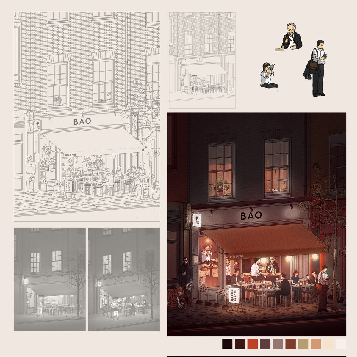 Bao Mary - Sketch to Final Page (plus a couple of noodle slurping, lager drinking customers)