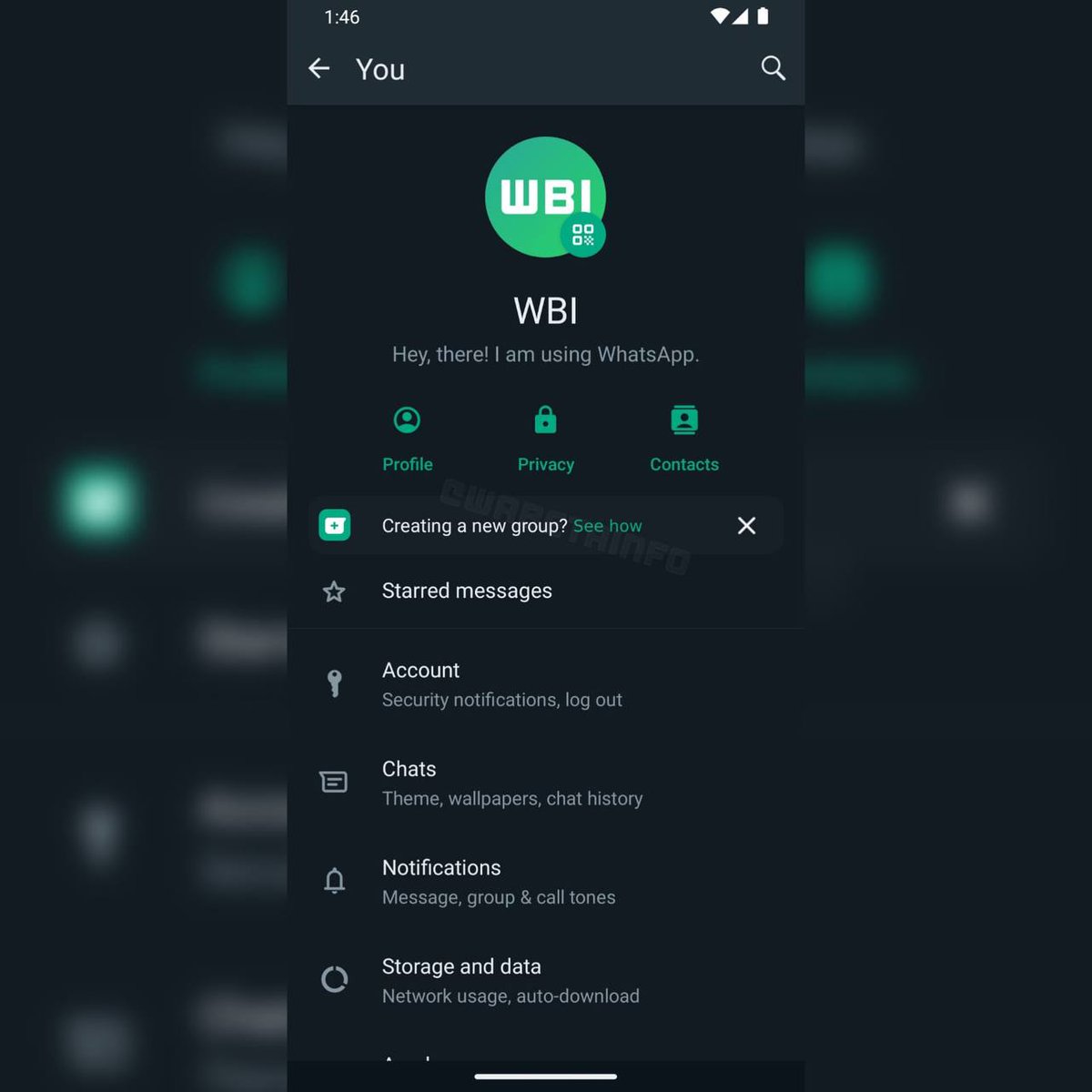 طرح واتساب في قائمة إعداد التطبيق لمستخدمي النسخة التجريبية اشعار جديد للتسهيل على المستخدمين لإنشاء دردشات جماعية جديدة.