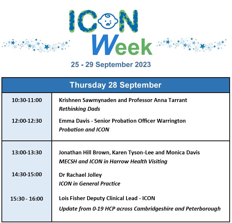 ICON Week - Additional FREE Webinar at 15:30 today! Welcome to ICON Week and Thursday’s programme. Please note there is an additional FREE Webinar today at 15:30. Please join us if you can, for these informative talks, on this link: iconcope.org/webinar-iconwe… #dadmatters @JaneScatt