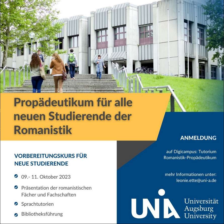 Rom_Aux's tweet photo. Wir bieten zum kommenden Wintersemester ein romanistischen Propädeutikum zur Studienvorbereitung an!
Vom 09. bis 11. Oktober stellen wir und die Fachschaften sich vor, es gibt Sprachtutorien und auch eine Führung in der Universitätsbibliothek.
Anmeldung über Digicampus! https://t.co/FiikZkOYjM